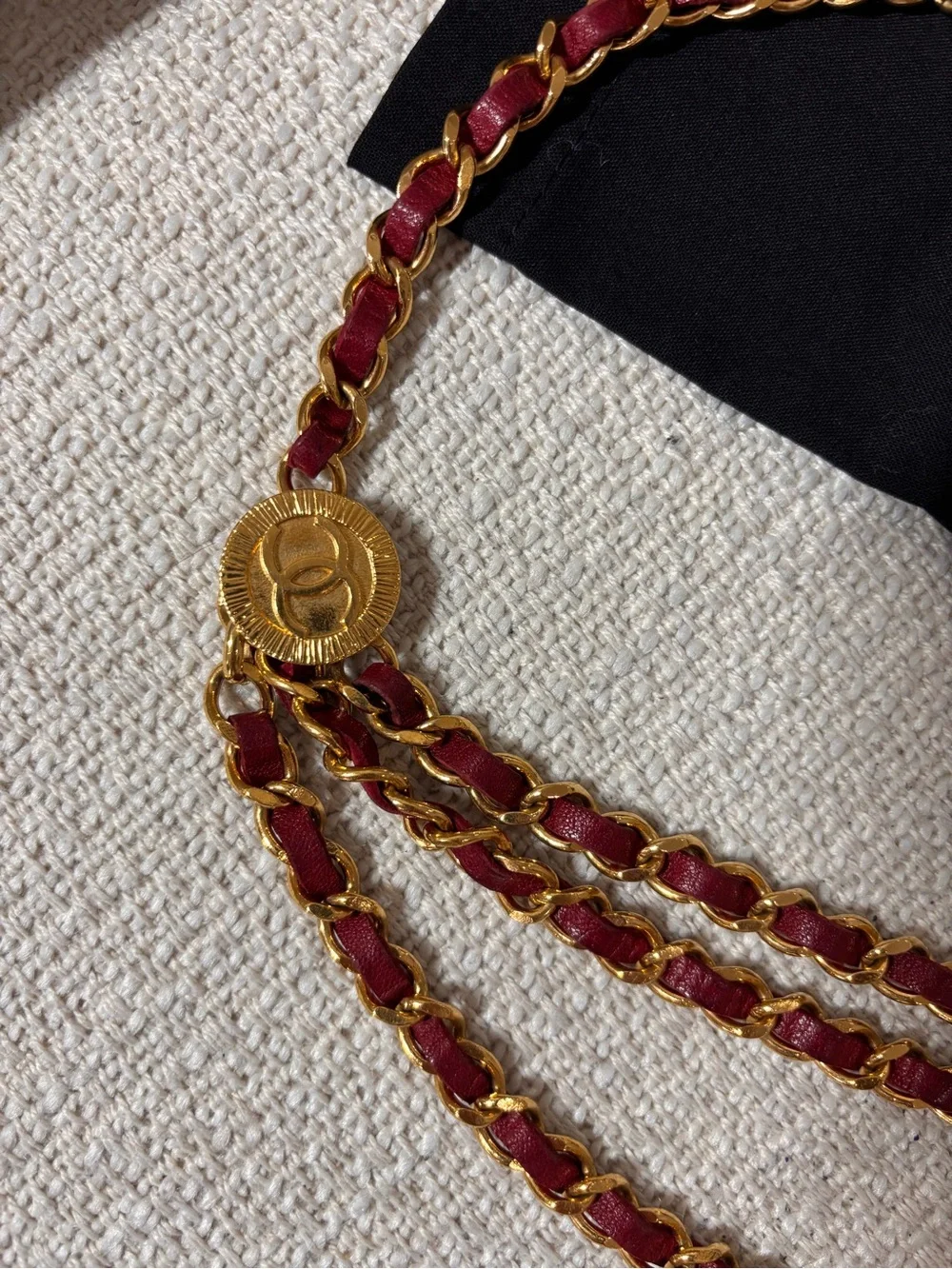 Authentic CHANEL 1984 Vintage burgundy leather triple chanel belt 83cm